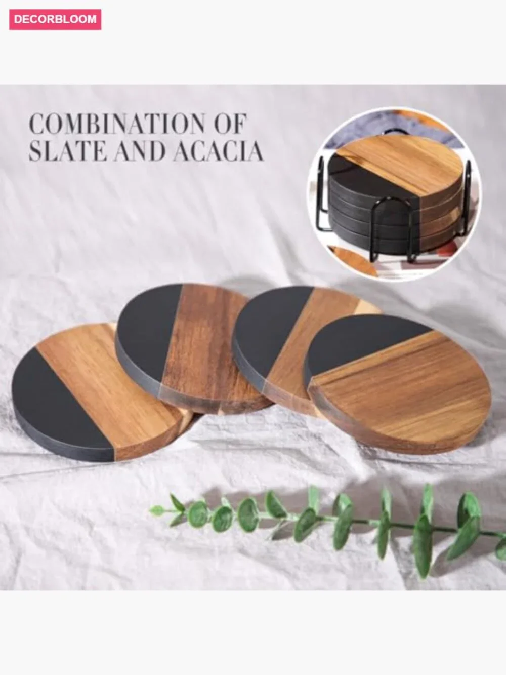 Set of 4 Acacia Wood Drink Coasters with Iron Holder